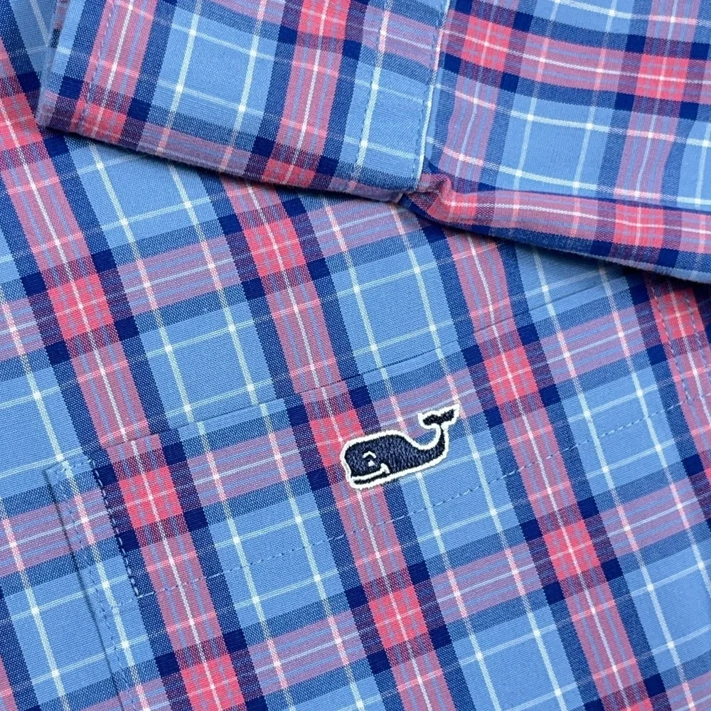 Vineyard Vines Shirt Men Medium Blue Pink Plaid Slim Fit Tucker Button Up Preppy - Picture 4 of 9